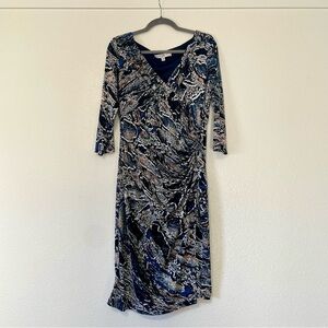 Evan Picone Print Dress Faux Wrap Stretch Ruched Size 10 Career Church
